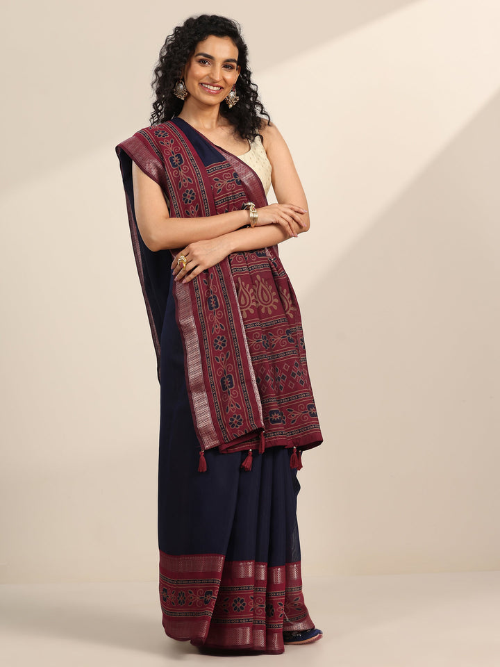 Blue Solid Cotton Silk Saree With Unstitched Blouse Piece