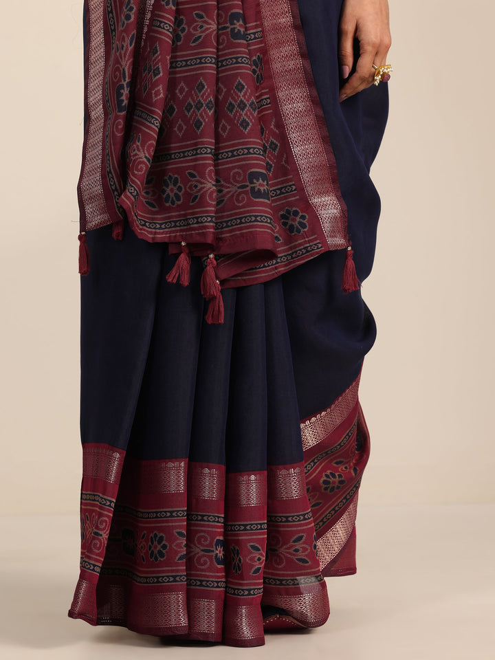 Blue Solid Cotton Silk Saree With Unstitched Blouse Piece