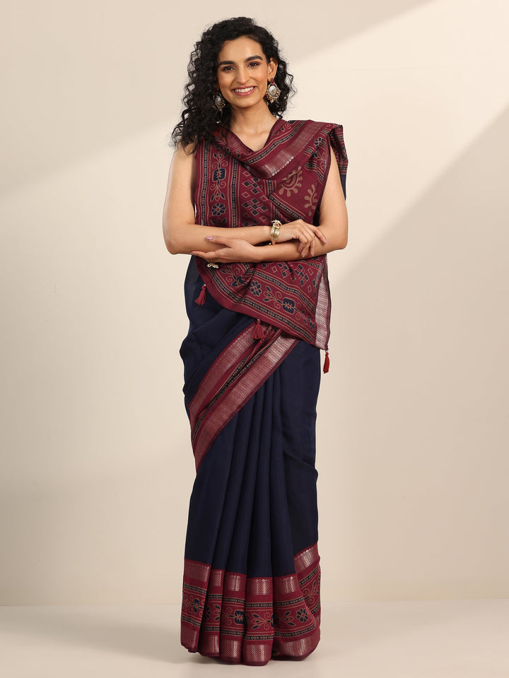 Blue Solid Cotton Silk Saree With Unstitched Blouse Piece