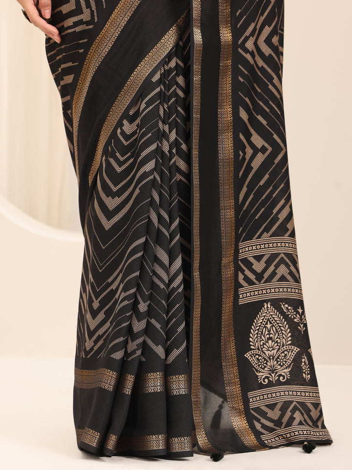 Black Printed Georgette Saree With Unstitched Blouse Piece