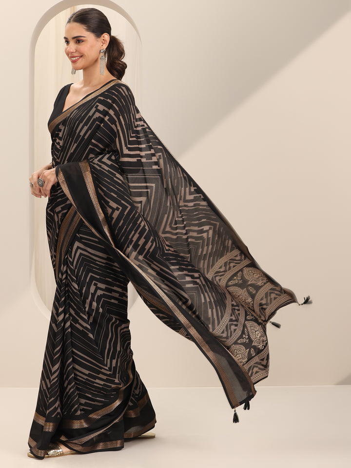 Black Printed Georgette Saree With Unstitched Blouse Piece