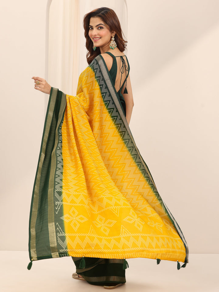 Mustard Printed Georgette Saree With Unstitched Blouse Piece