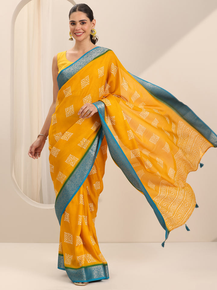 Mustard Printed Georgette Saree With Unstitched Blouse Piece
