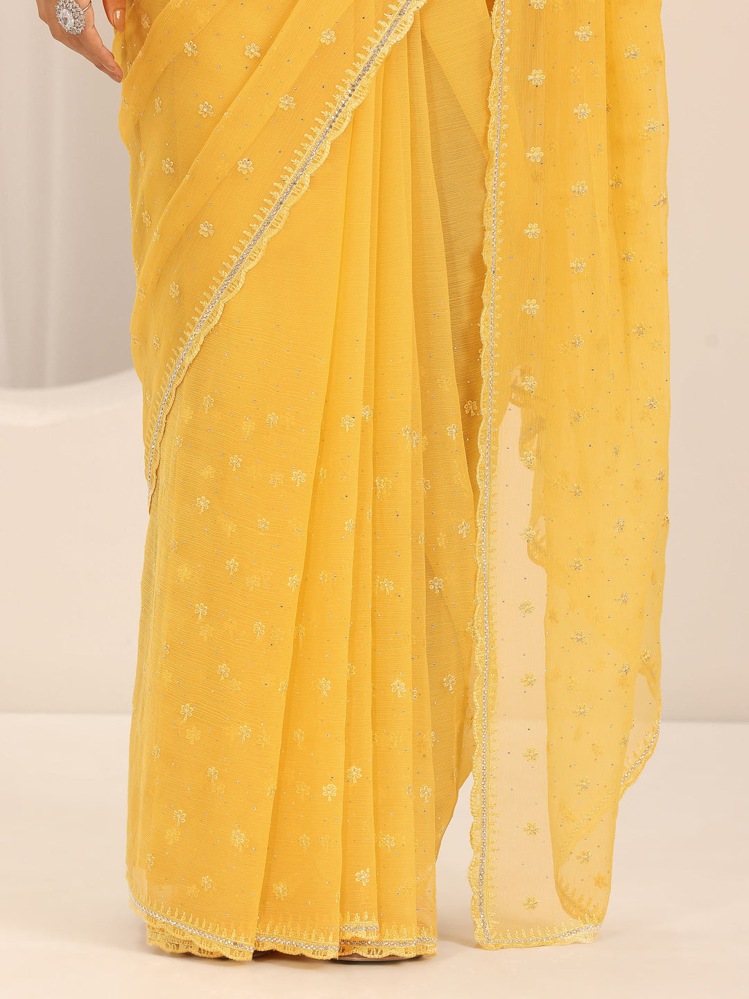 Yellow Embroidered Chiffon Saree With Unstitched Blouse Piece