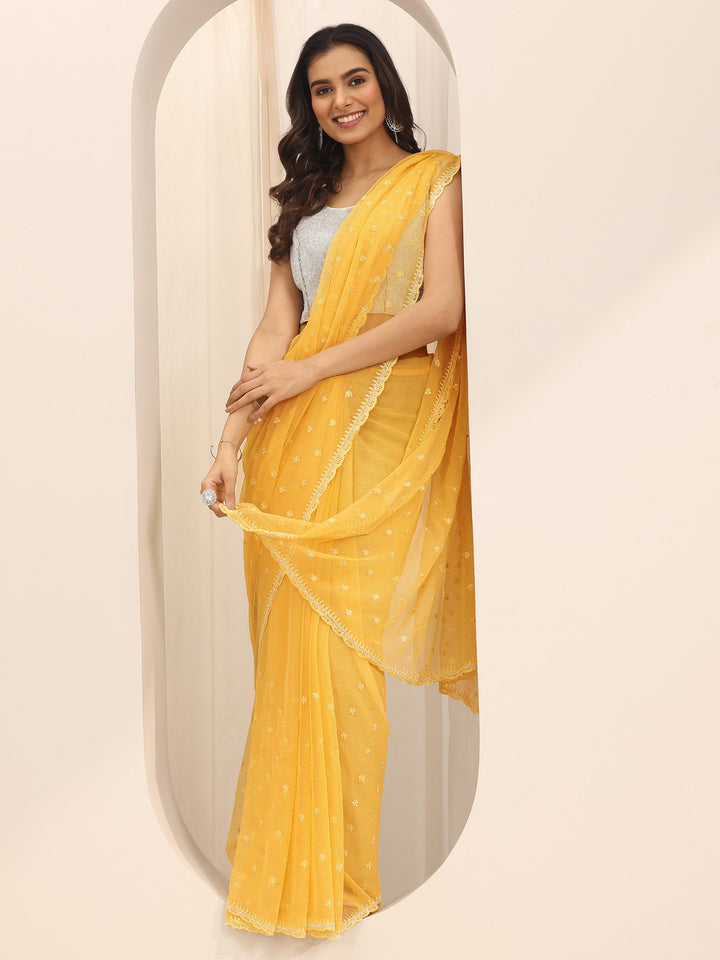 Yellow Embroidered Chiffon Saree With Unstitched Blouse Piece