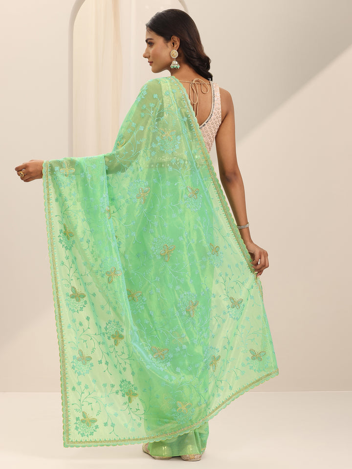 Green Embroidered Net Silk Saree With Unstitched Blouse Piece