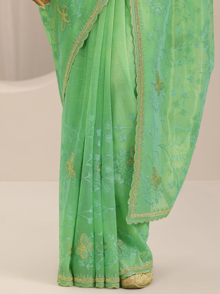 Green Embroidered Net Silk Saree With Unstitched Blouse Piece