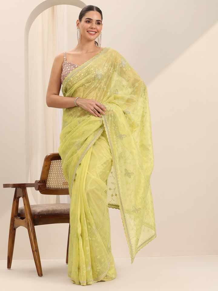 Green Embroidered Net Silk Saree With Unstitched Blouse Piece