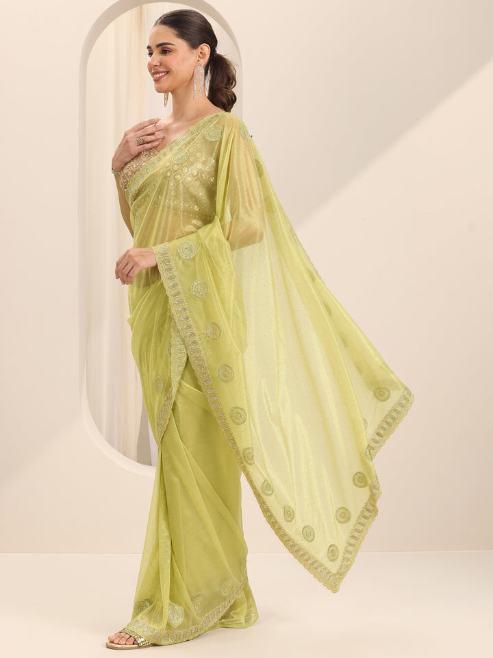 Green Embroidered Net Silk Saree With Unstitched Blouse Piece