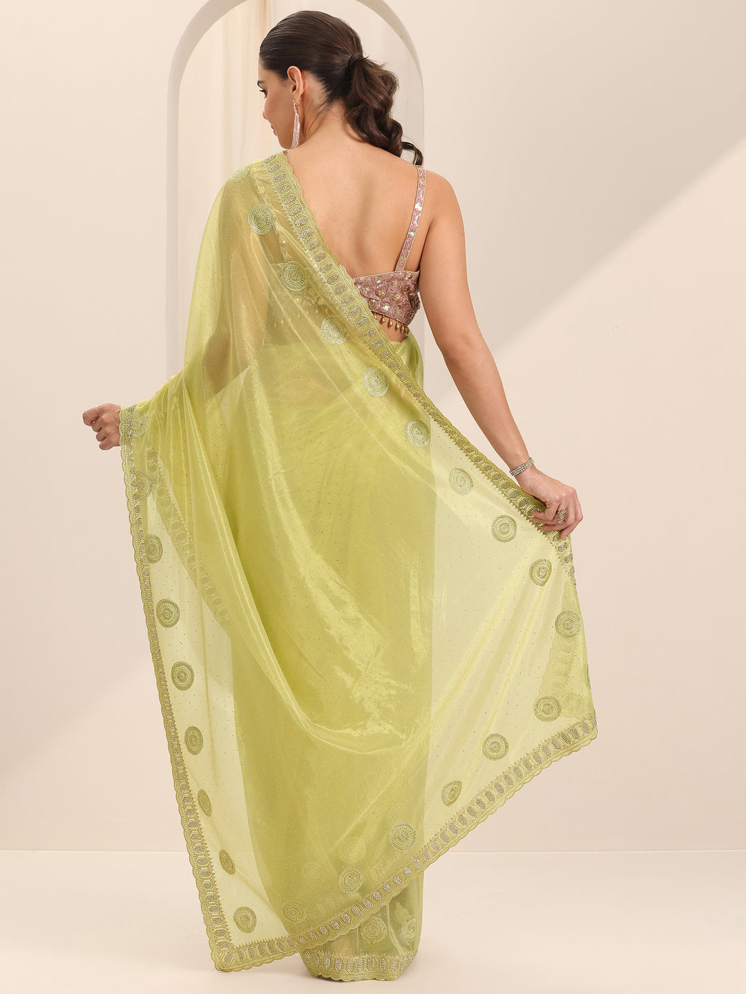 Green Embroidered Net Silk Saree With Unstitched Blouse Piece