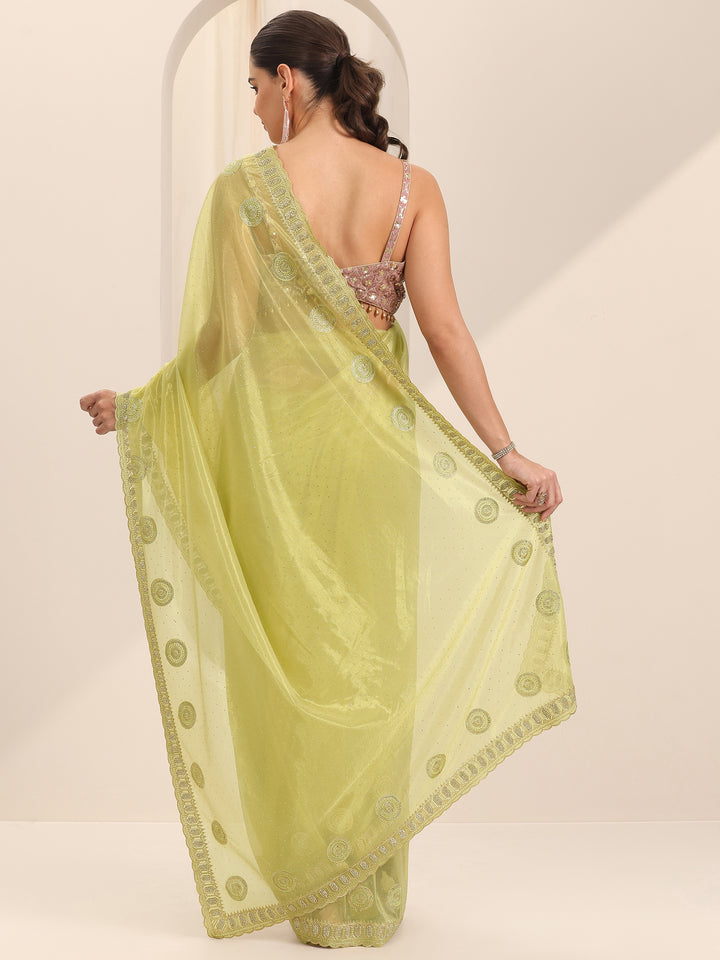 Green Embroidered Net Silk Saree With Unstitched Blouse Piece