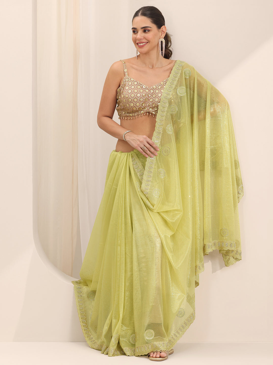 Green Embroidered Net Silk Saree With Unstitched Blouse Piece