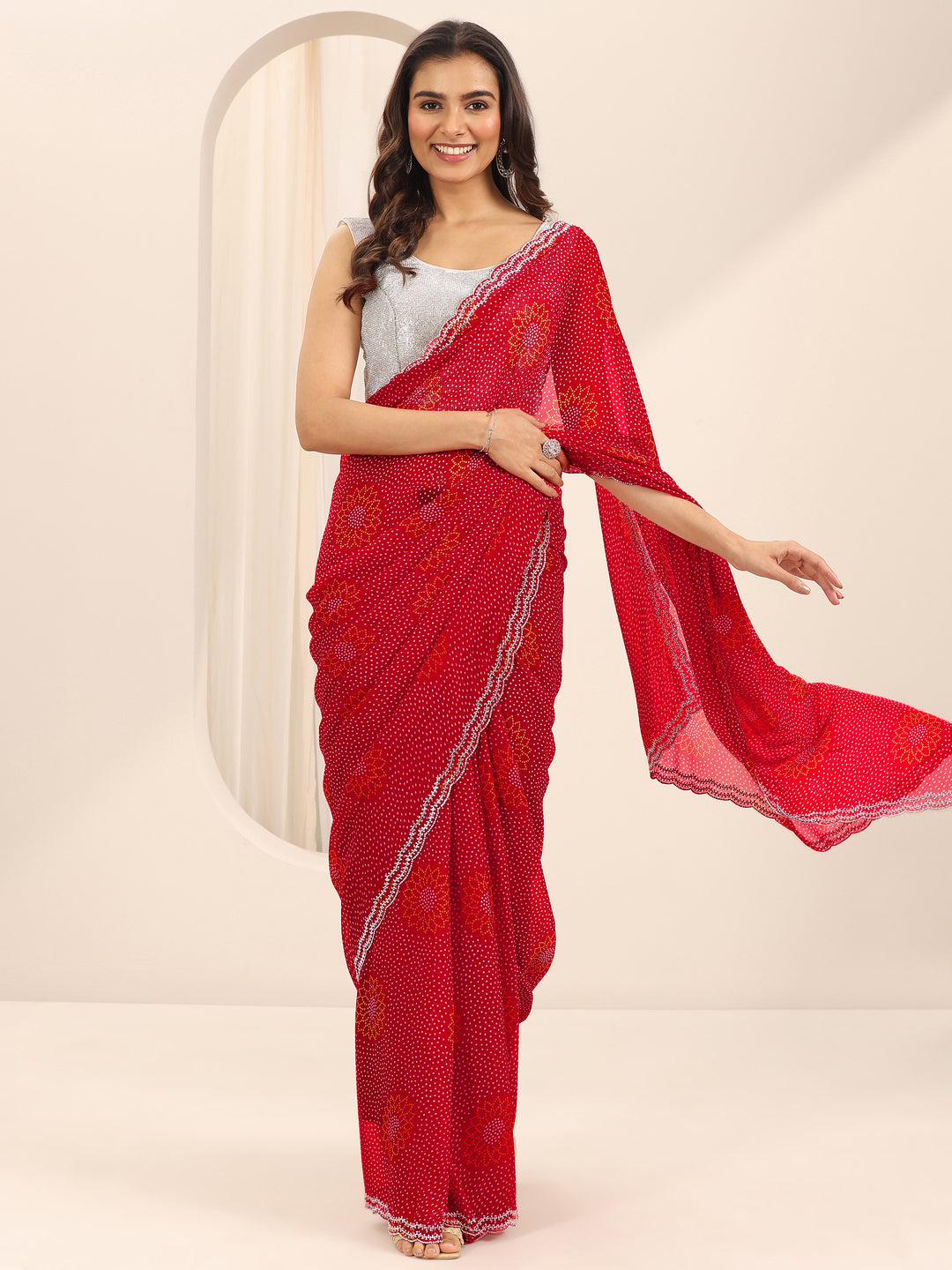 Red Bandhani Printed Georgette Saree With Unstitched Blouse Piece