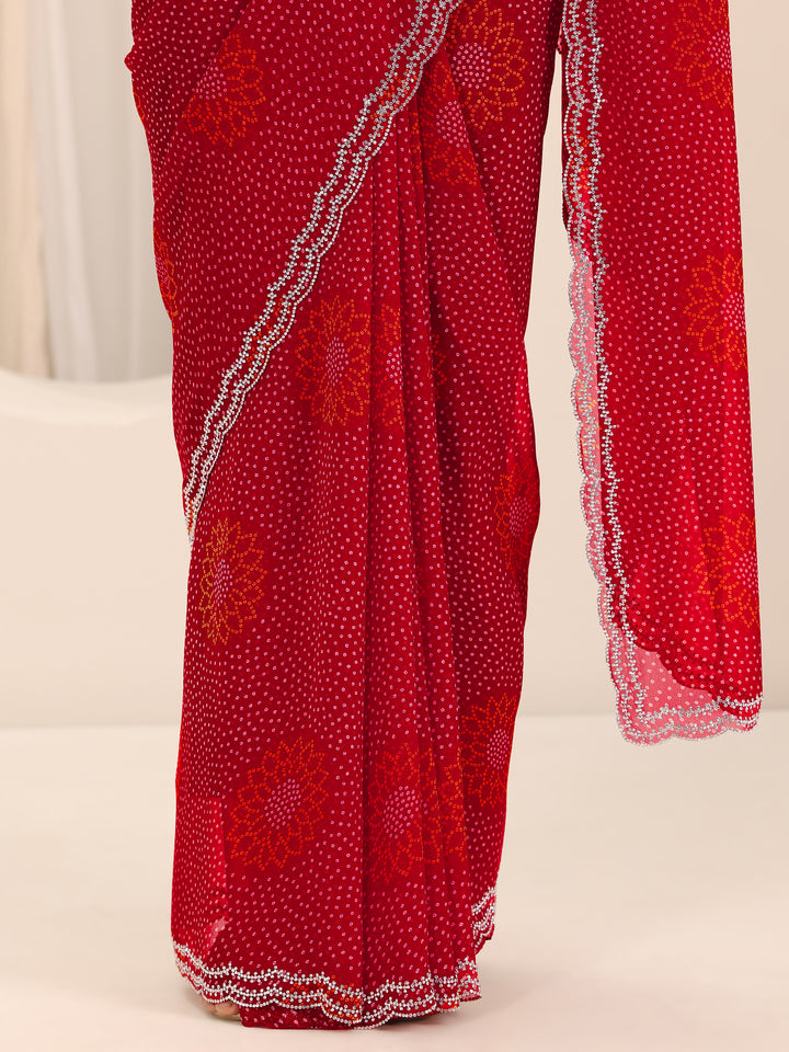 Red Bandhani Printed Georgette Saree With Unstitched Blouse Piece
