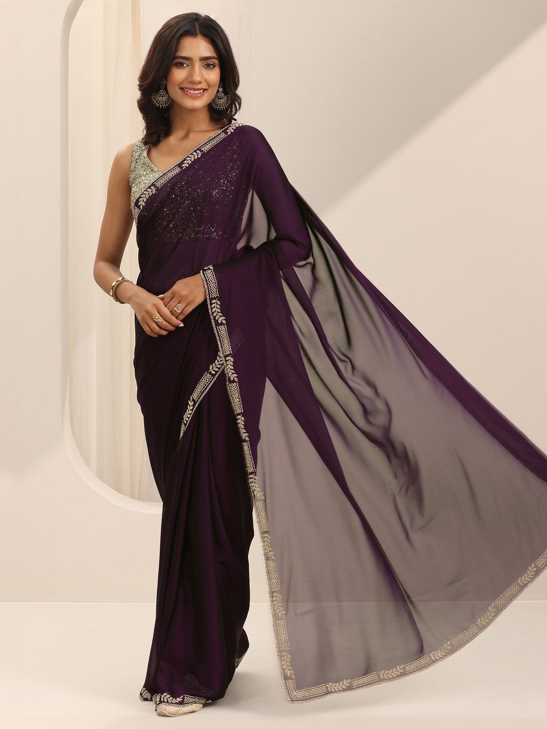 Burgundy Solid Satin Saree With Unstitched Blouse Piece