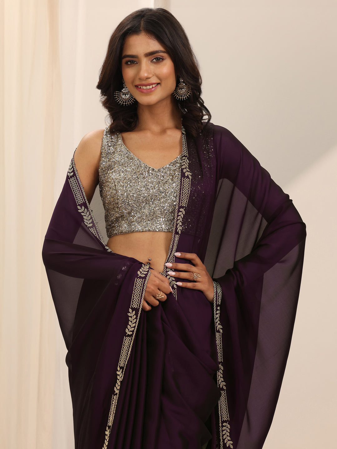 Burgundy Solid Satin Saree With Unstitched Blouse Piece