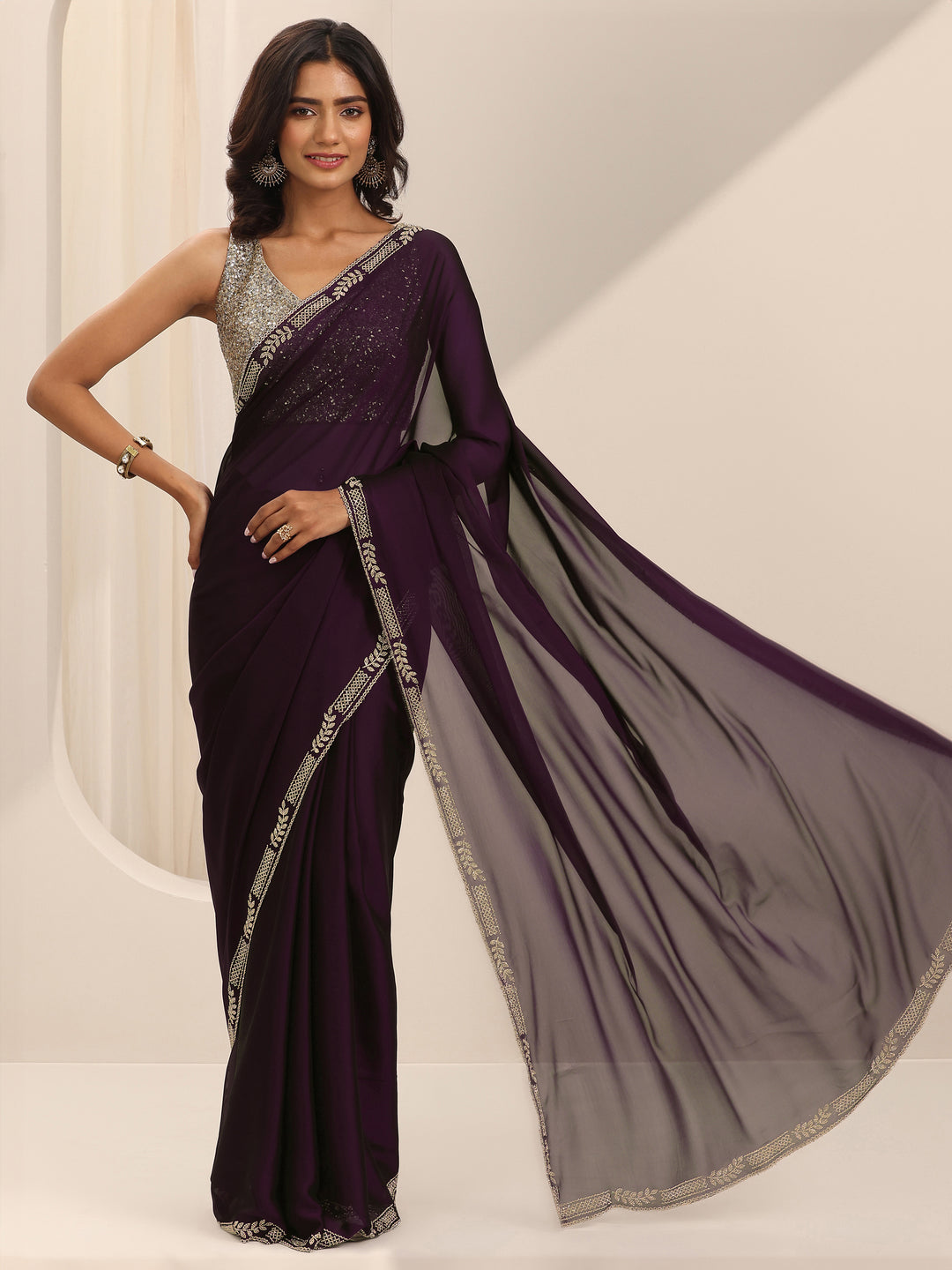 Burgundy Solid Satin Saree With Unstitched Blouse Piece