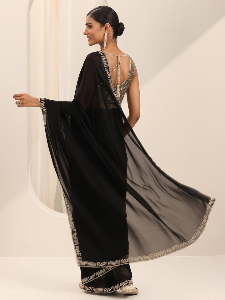 Black Solid Satin Saree With Unstitched Blouse Piece