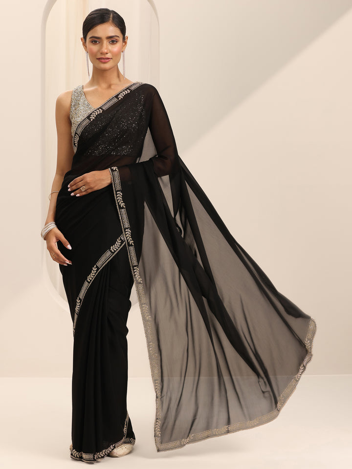 Black Solid Satin Saree With Unstitched Blouse Piece