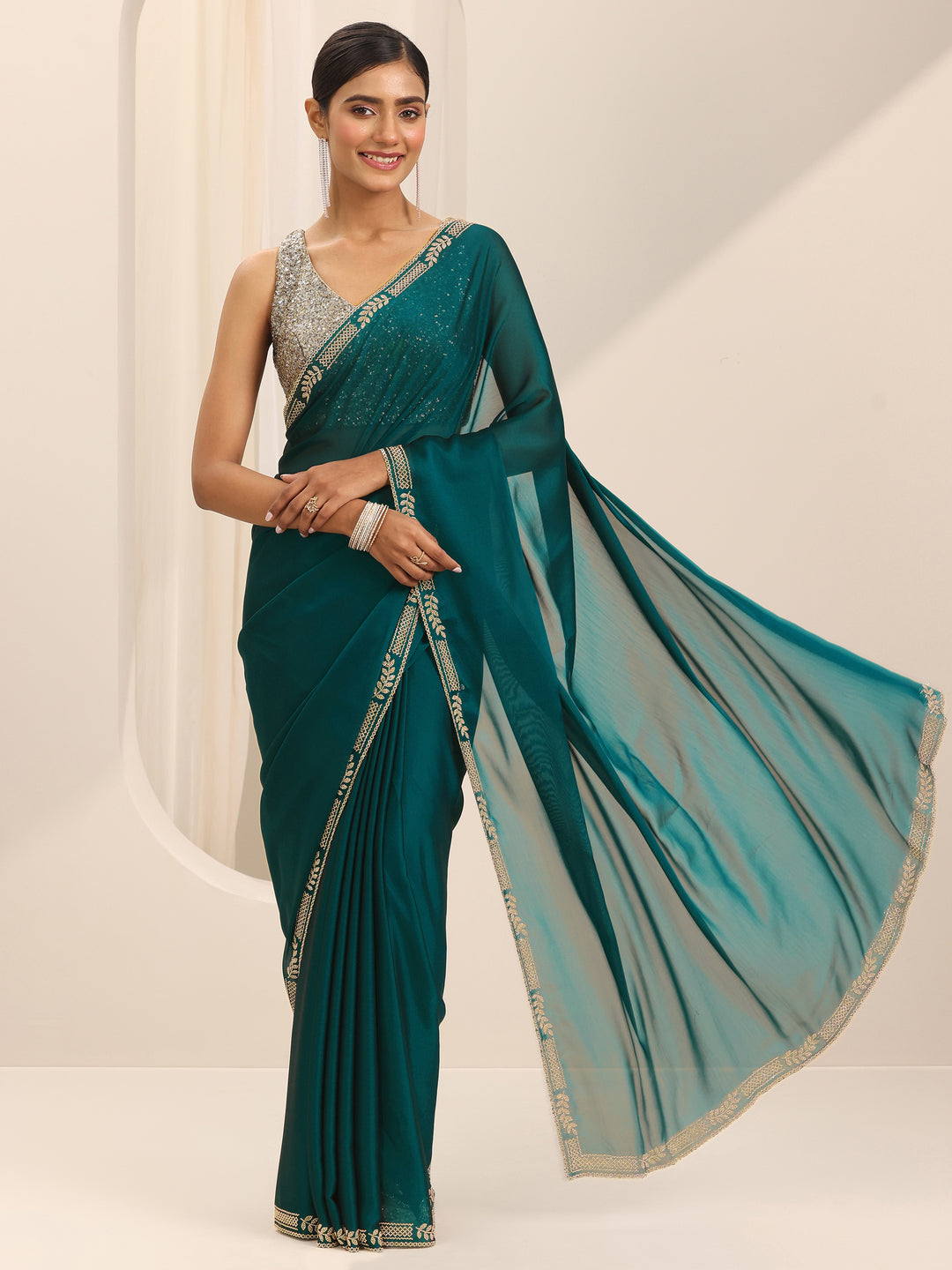 Teal Solid Jimmy Choo Satin Saree With Unstitched Blouse Piece