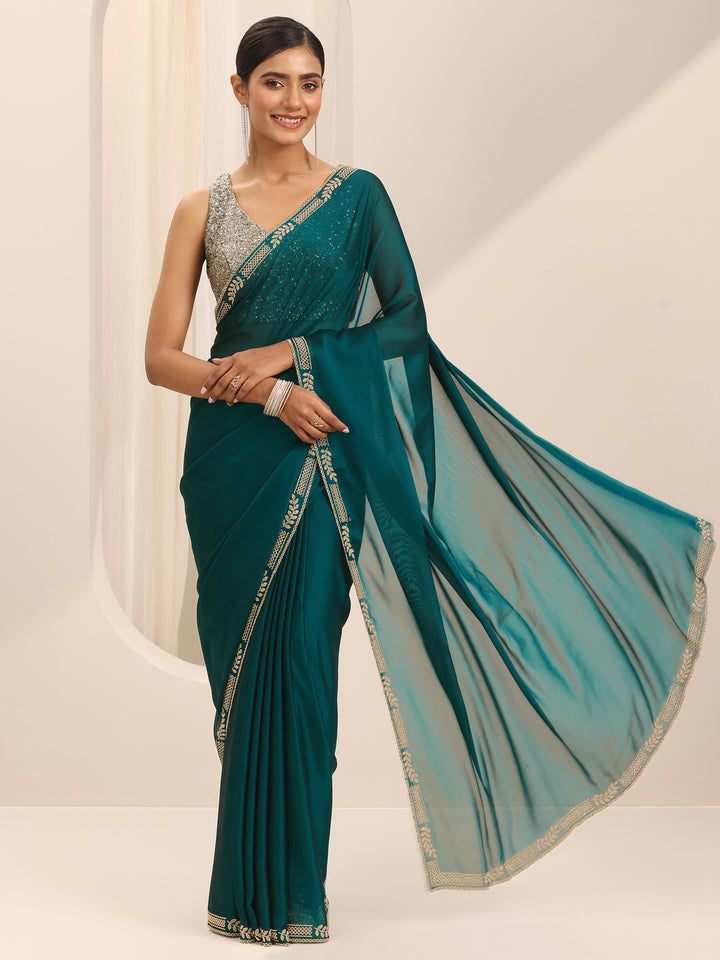 Teal Solid Jimmy Choo Satin Saree With Unstitched Blouse Piece