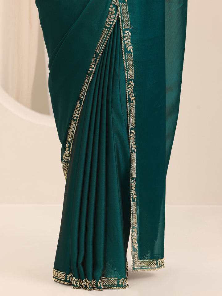 Teal Solid Jimmy Choo Satin Saree With Unstitched Blouse Piece