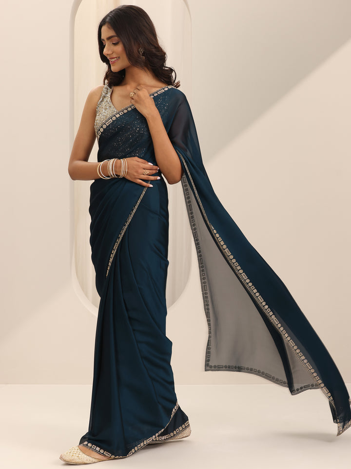 Navy blue Solid Satin Saree With Unstitched Blouse Piece