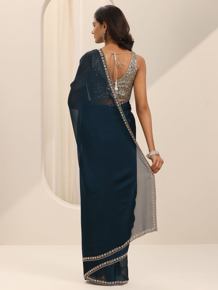 Navy blue Solid Satin Saree With Unstitched Blouse Piece