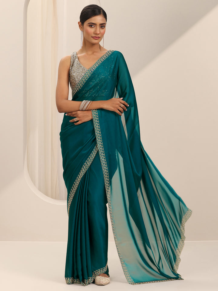 Teal Solid Jimmy Choo Satin Saree With Unstitched Blouse Piece