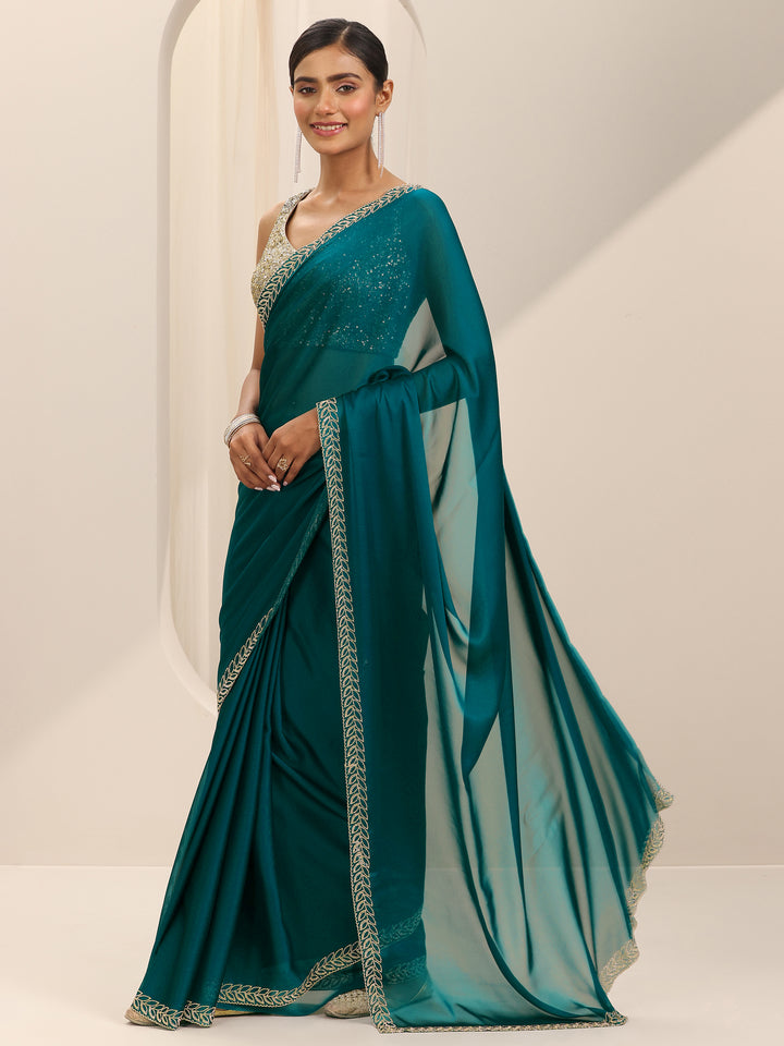 Teal Solid Jimmy Choo Satin Saree With Unstitched Blouse Piece