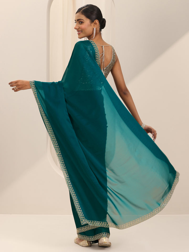 Teal Solid Jimmy Choo Satin Saree With Unstitched Blouse Piece