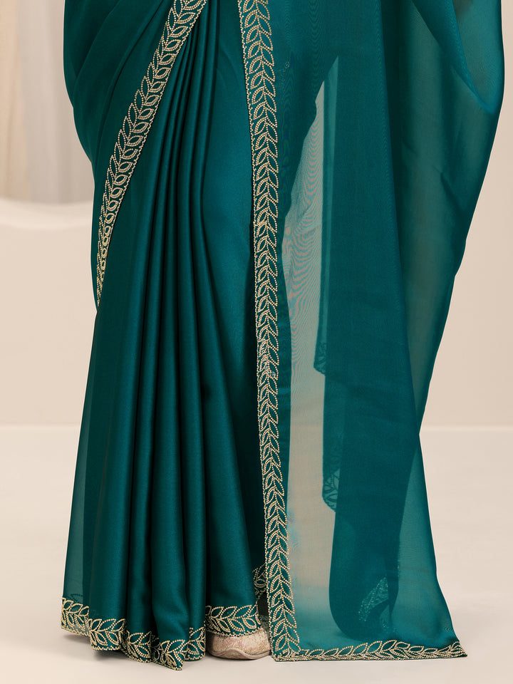 Teal Solid Jimmy Choo Satin Saree With Unstitched Blouse Piece