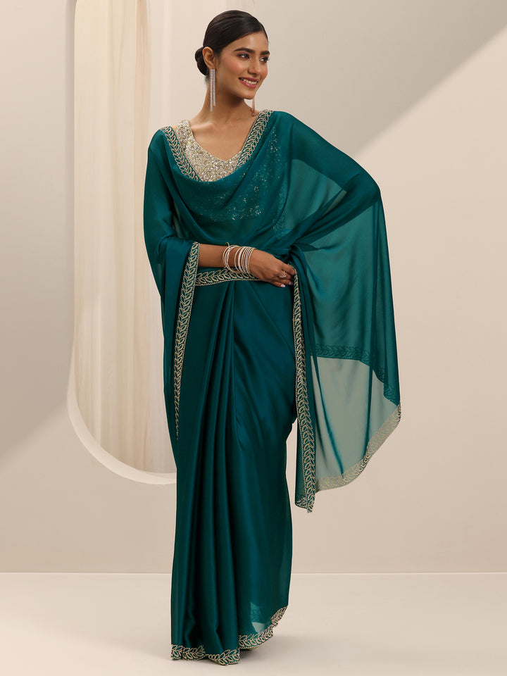 Teal Solid Jimmy Choo Satin Saree With Unstitched Blouse Piece