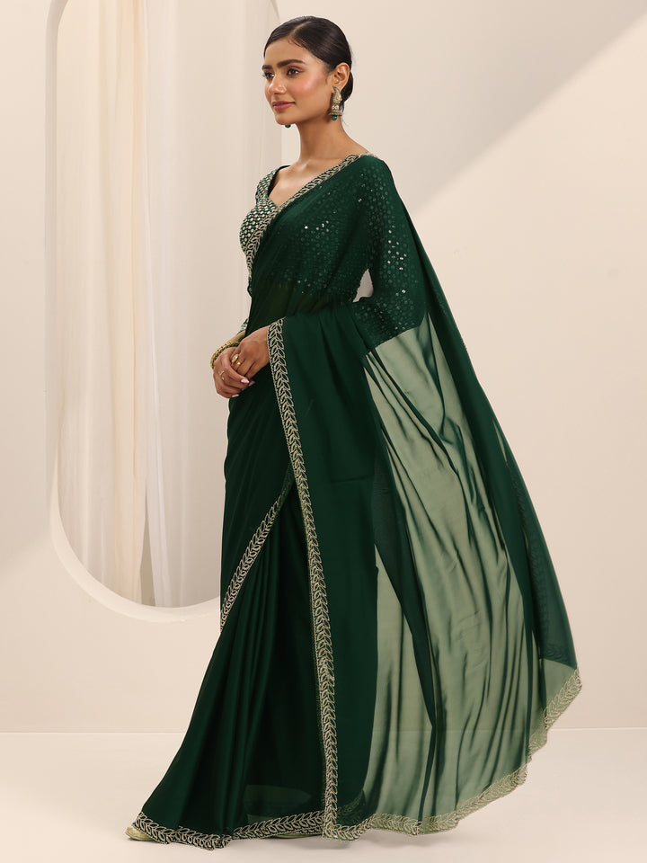 Green Solid Jimmy Choo Satin Saree With Unstitched Blouse Piece