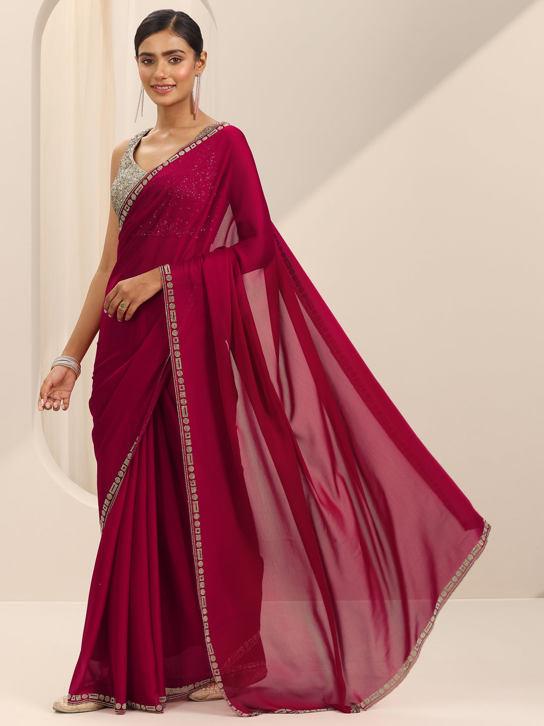 Red Solid Satin Saree With Unstitched Blouse Piece