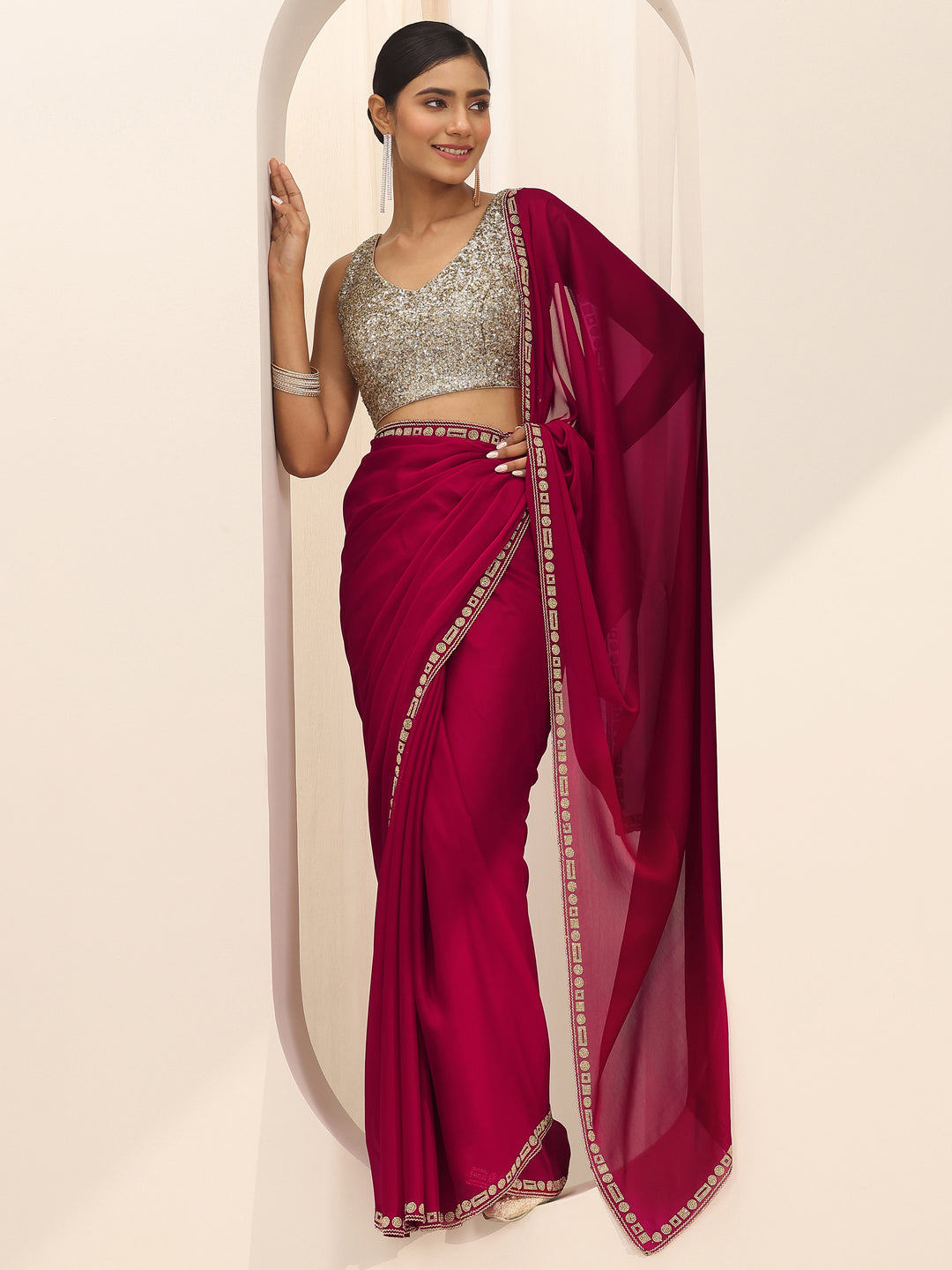 Red Solid Satin Saree With Unstitched Blouse Piece