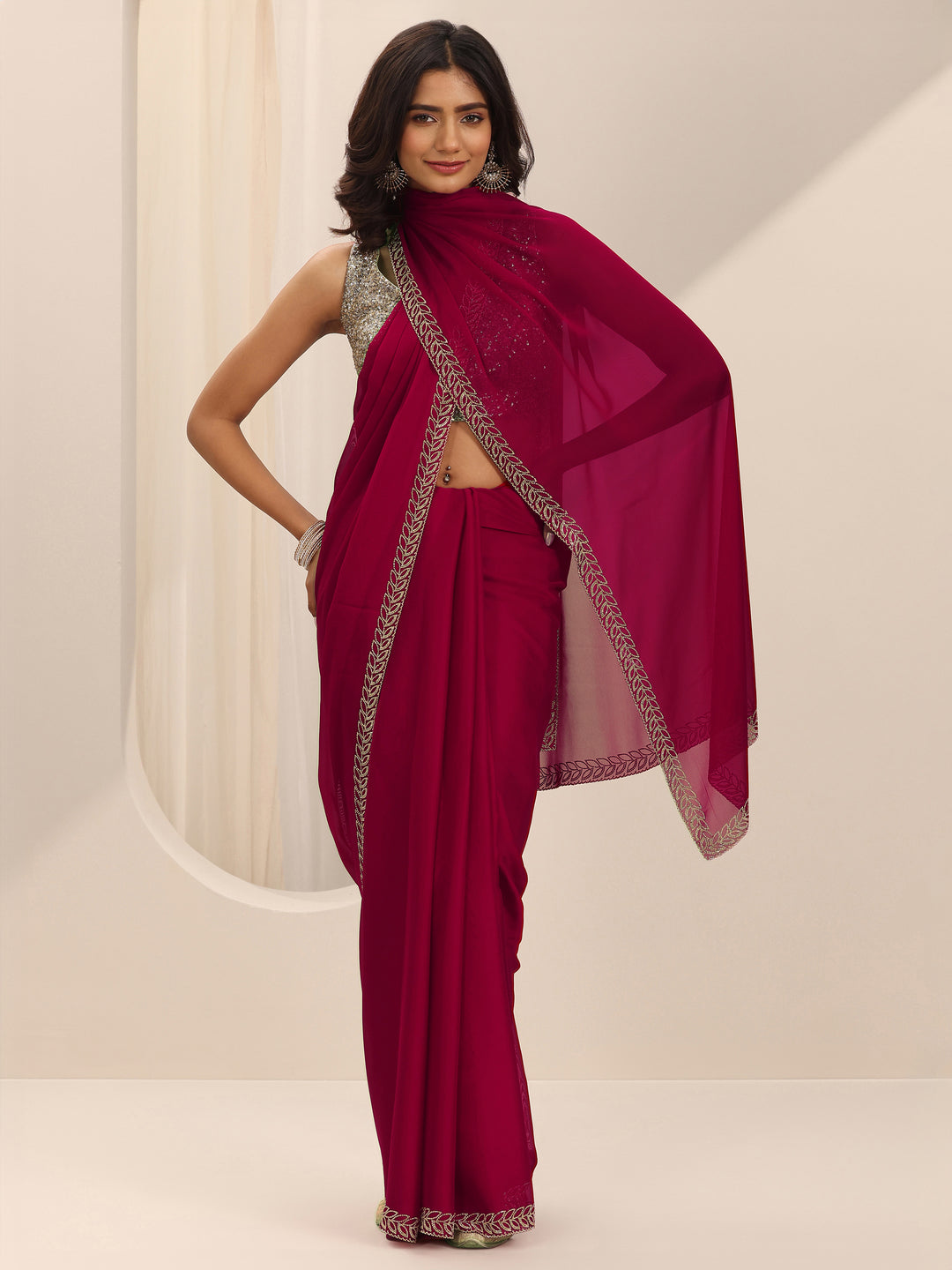 Red Solid Satin Saree With Unstitched Blouse Piece