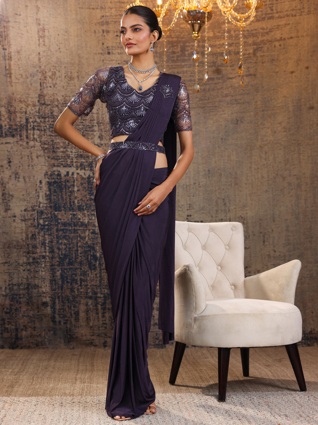 Libas Art Purple Solid Nylon Ready to Wear Saree