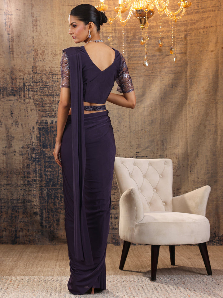 Libas Art Purple Solid Nylon Ready to Wear Saree