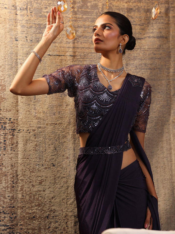 Libas Art Purple Solid Nylon Ready to Wear Saree