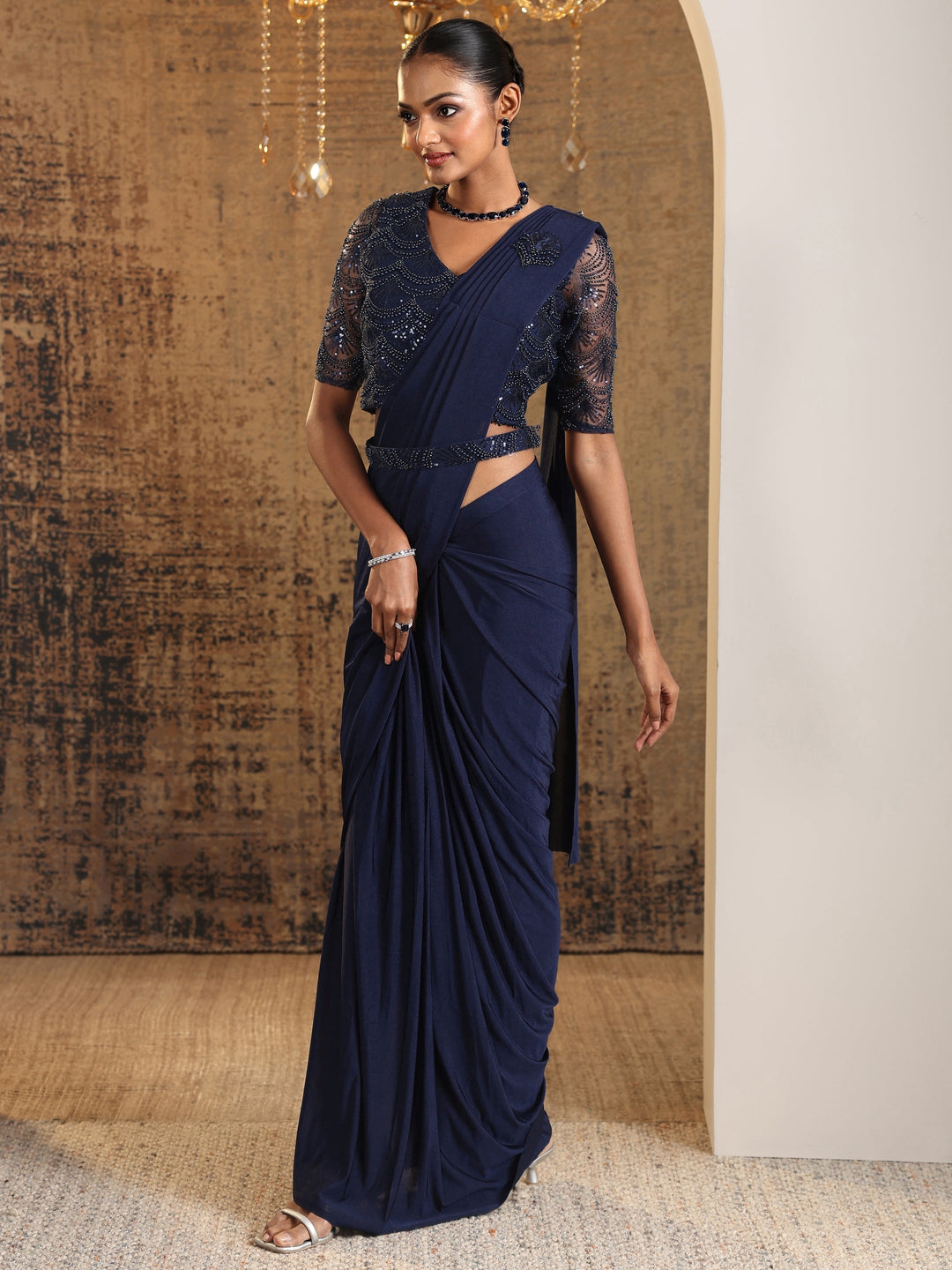 Libas Art Navy Blue Embellished Nylon Ready to Wear Saree