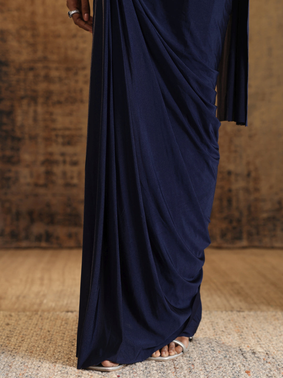 Libas Art Navy Blue Embellished Nylon Ready to Wear Saree