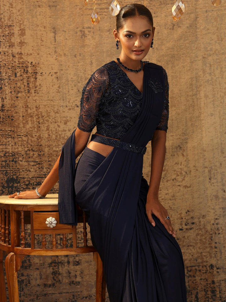 Libas Art Navy Blue Embellished Nylon Ready to Wear Saree