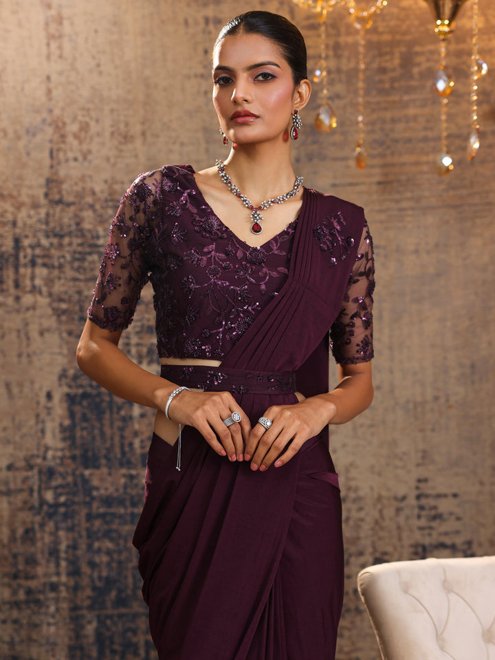 Libas Art Burgundy Embellished Nylon Ready to Wear Saree