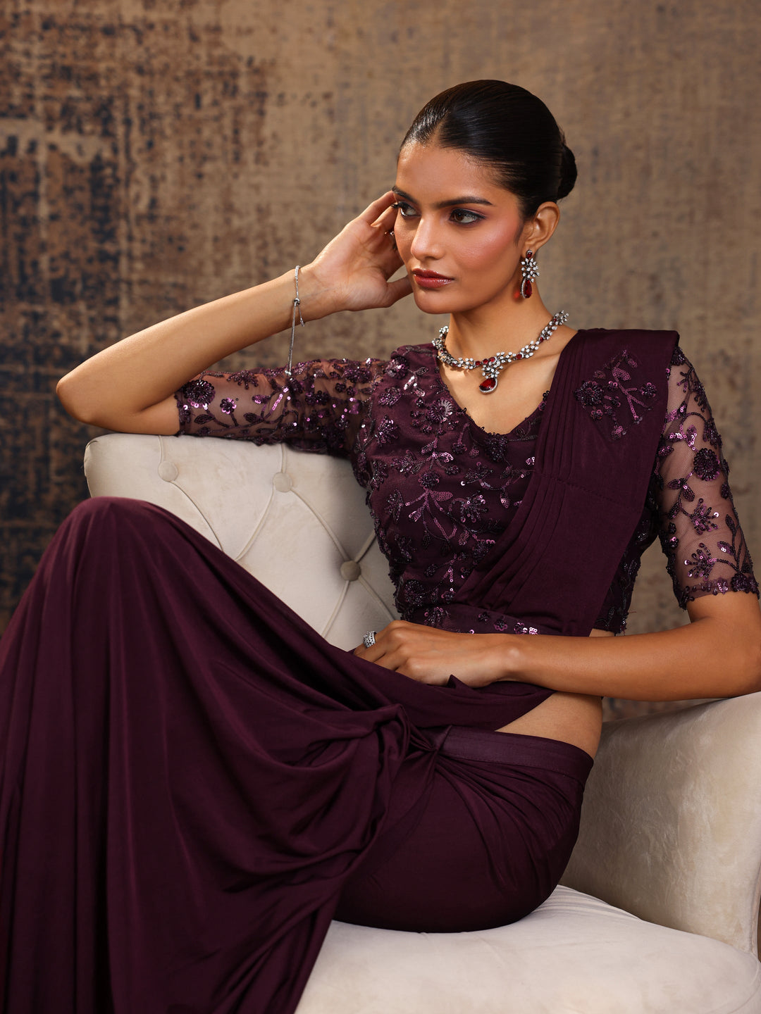 Libas Art Burgundy Embellished Nylon Ready to Wear Saree