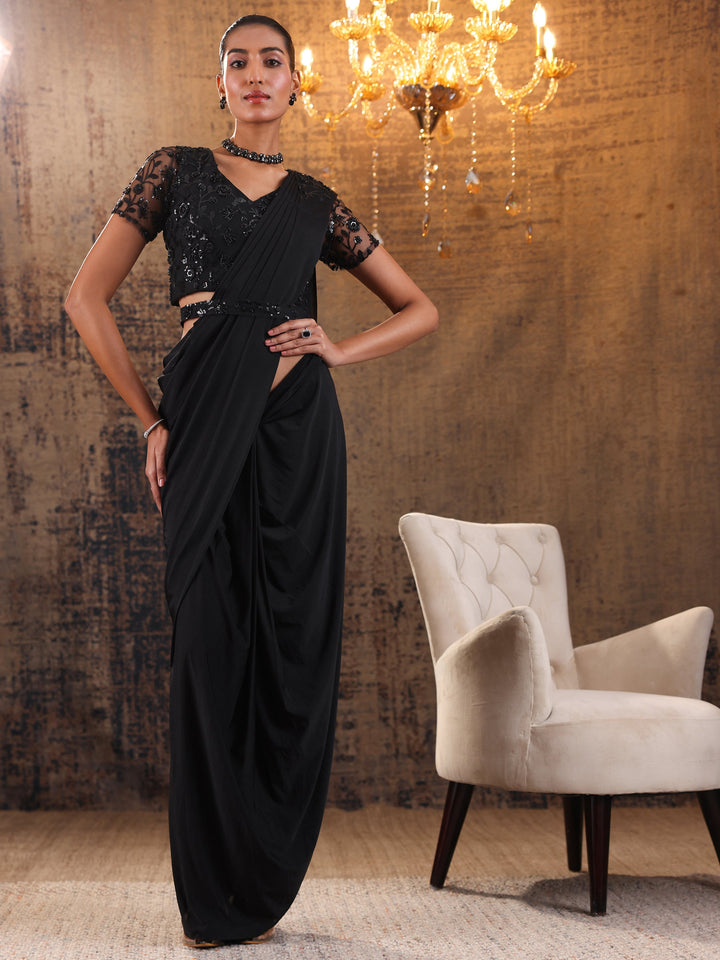 Libas Art Black Solid Nylon Ready to Wear Saree