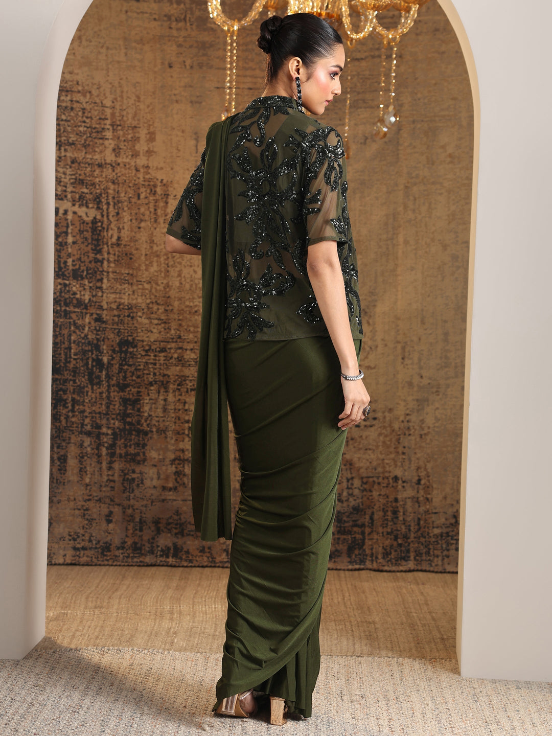 Libas Art Olive Solid Nylon Ready to Wear Saree