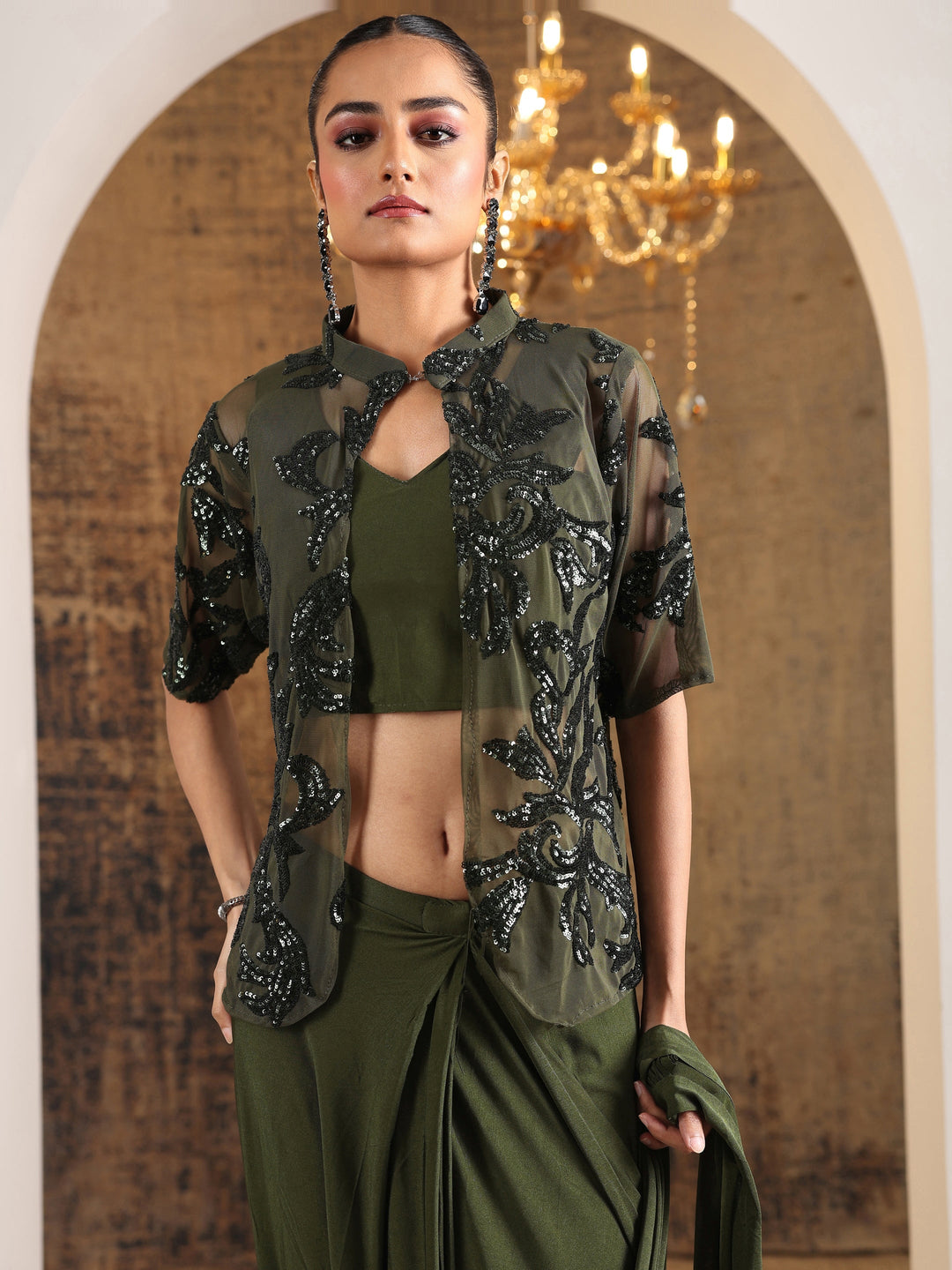 Libas Art Olive Solid Nylon Ready to Wear Saree