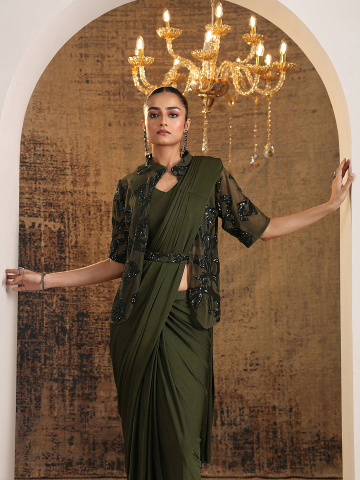 Libas Art Olive Solid Nylon Ready to Wear Saree