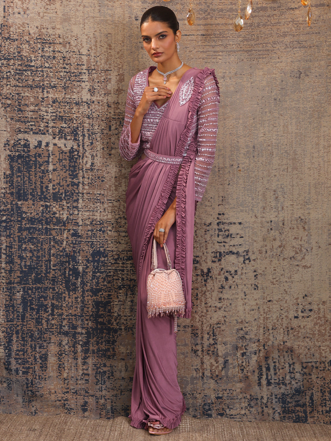 Libas Art Peach Solid Nylon Ready to Wear Saree